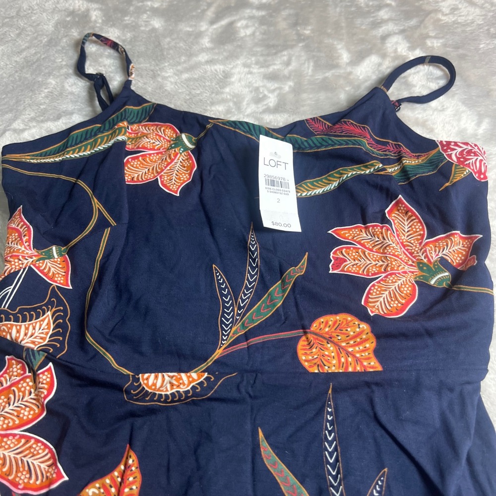 NWT LOFT Women's 2 Maxi Dress Navy Blue Tropical Floral Smocked Back